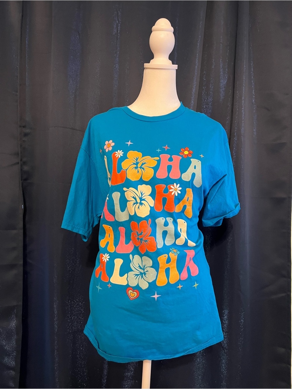 Aloha Retro Graphic Tee Blue L Hawaiian Hibiscus Groovy Print